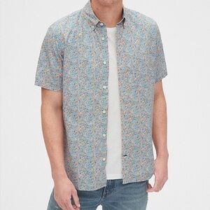 🩵Gap Men’s Orange and Blue Floral Short Sleeve Button Front Shirt Size M